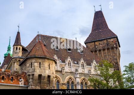 Historisches Schloss Vajdahunyad in Budapest mit mittelalterlichen Türmen, gotischen Fenstern und Steinmauern im Stadtpark. Stockfoto