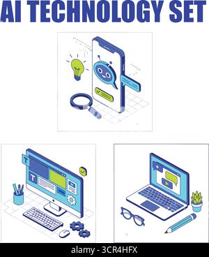 KI-Technologie-Set. Arbeitsplätze mit verschiedenen künstlichen Intelligenzen, maschinellem Lernen, generativen Werkzeugen für die Suche, promptem Engineering und Co-Generierung Stock Vektor
