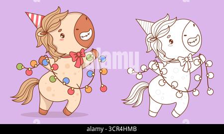 Happy Pony in Birthday Cap with Girland. Malbuch. Farbe und Umrisslinie Zeichnen lustiges Holiday Kawaii Tier. Vektorabbildung. 2026 Pferd Stock Vektor