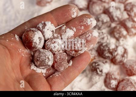 Getrockneter Kumquat und weißer Puderzucker, süße getrocknete Orangen-Kumquat-Früchte in weißem Puderzucker, in der Hand Stockfoto