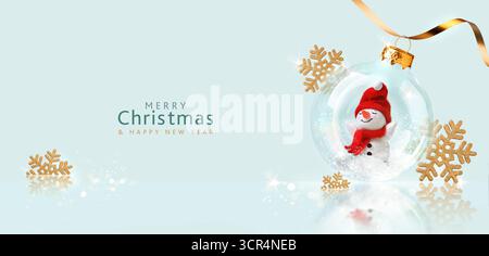 Frohe Weihnachten und Happy New Year Hintergrund mit Schneemannkugel Stockfoto