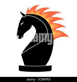 Illustration Des Feurigen Schachritters. Auffällige Illustration eines schwarzen Schachritters mit einer dynamischen, flammenden Mähne in Orange, Rot und Gelb. Stock Vektor