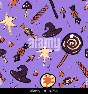 Nahtloses Halloween-Muster mit Hexenhüten, magischen Sternen, Süßigkeiten, Lutscher und saisonalen Leckereien auf lila Hintergrund. Stock Vektor