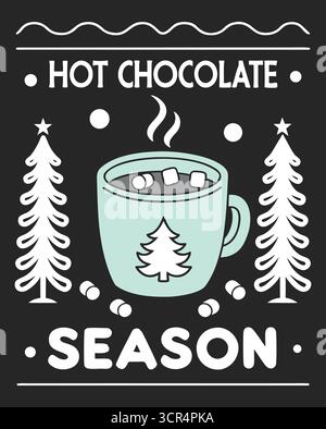 Gemütliches Motiv der Saison der heißen Schokolade mit Weihnachtsbäumen und Marshmallows Stock Vektor