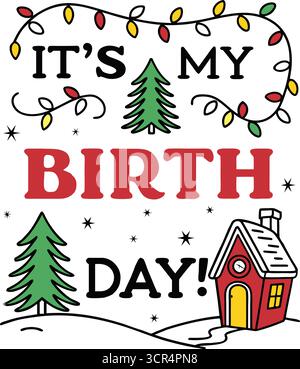 Festlicher Wintergeburtstag mit Weihnachtslichtern, Baum und Schneehaus Stock Vektor