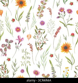 Blühende Wiese und Gartenpflanzen nahtloses Aquarellmuster auf isoliertem Hintergrund. Handgekeuchte Blumen, Beeren, Spikelett, Blätter Illustration. Stockfoto