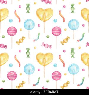Nahtloses Muster aus Lutscher, Süßigkeiten und gummiartigen Schlangen. Runde Lutscher und herzförmige Süßigkeiten. Festlicher Hintergrund aus rosafarbenen, gelben und blauen Süßigkeiten für Verpackungen, Stoffe, Grüße. Stockfoto
