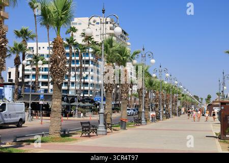 Von Palmen gesäumte Finikoudes Promenade, Larnaka, Zypern. Stockfoto