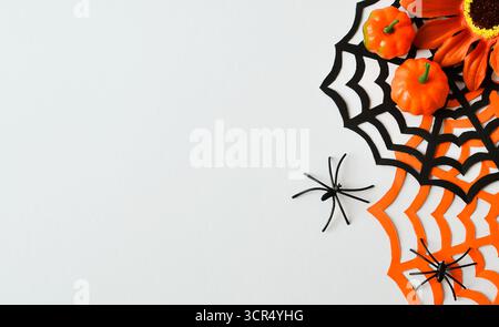 Ein schwarz-oranges Spinnennetz mit einer Sonnenblume, Kürbissen und Spinnen auf weißem Hintergrund mit Platz für Text. Halloween Stockfoto