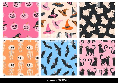 Set mit niedlichen, nahtlosen Halloween-Mustern. Stock Vektor