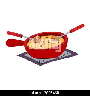 Käsefondue-Hotpot. Vector Schweizer traditionelles Essen. Gericht zum Essen oder Brühe für kulinarische, heiße und kochende Suppenküche. Festlicher Topf, Symbol des Restaurantmenüs. Symbol für Kochrezept. Mahlzeit mit Stäbchen Stock Vektor