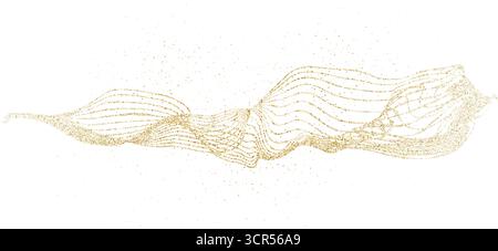 Dynamischer Goldstippelfluss, Partikel-Wellenmuster. Abstraktes, goldgekrümmtes, gestricheltes Verlaufsnetz Schimmernde Wellen mit Glanzeffekten. Vektor gepunktete Flui Stock Vektor