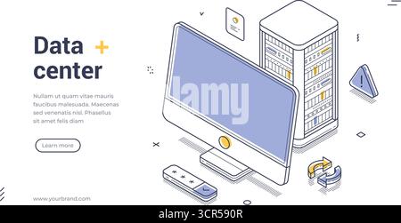 Rechenzentrum Cloud Computing Hardware Server isometrische Web Banner Design Vorlage Zeilenvektor Illustration. Archivieren Sie Medieninhalte binär, um Daten zu analysieren Stock Vektor