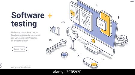 Softwareprüfung Codierung Programmierung isometrische Webbanner Design Vorlage Zeilenvektor Illustration. Computerprogrammcode-Entwicklung Datumautomatisierung Stock Vektor