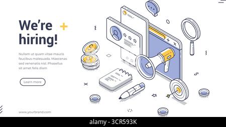 Wir stellen HR freie Stelle Internet-Förderung isometrische Webbanner Design Vorlage Linie Vektor Illustration ein. Personalrekrutierung Stock Vektor