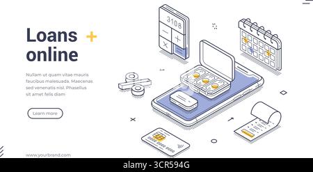 Online-Kredite Finanzbank Geldkredite Isometrische Web-Banner Design Vorlage Linie Vektor Illustration. Internet-Finanzierung später Zahlungsdienst-Mort Stock Vektor