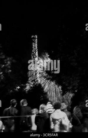 Verschwommenes Foto von Menschen, die während der Feierlichkeiten zum französischen Nationalfeiertag (Tag der Bastille am 14. Juli) ein Feuerwerk in der Nähe des Eiffelturms beobachten. Schwarzweiß. Stockfoto