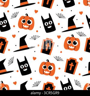 Verspieltes und niedliches Halloween nahtloses Muster auf weiß mit Kürbissen, schwarzen Katzen, Hexenhüten, Grabsteinen und Spinnennetzen, ideal zum Einpacken von Papier. Stock Vektor