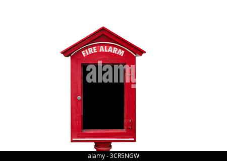 Roter Feuermeldekasten mit schwarzem Mittenraum zum Schreiben, isoliert auf weißem Hintergrund. Stockfoto