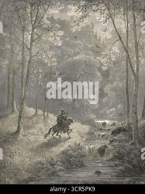 Don Quijote beschreibt dem Kanon Geschichten über Ritterlichkeit. Ein Ritter auf einem Pferd am Fluss. Eine Don Quijote-Illustration von Gustave Dore. Stockfoto