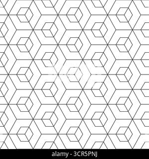 Geometrisches nahtloses Muster. Sich wiederholende abstrakte Geometrie, sechseckig kachelbar. Wiederholte schwarze Linie isoliert auf weißem Hintergrund. Sechseckiges 3D-Design Stock Vektor