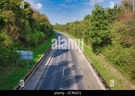 Leere Asphaltstraße umgeben von grünen Waldbäumen an sonnigen Tagen mit blauem Himmel Stockfoto