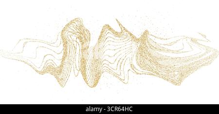 Goldenes gekrümmtes, gestricheltes Gefälle mit kleinen Partikeln. Dynamische goldene Wellen. Abstrakter Stipple-Flow, strahlendes, welliges Muster. Vektor-Urlaub gepunktete Fliege Stock Vektor