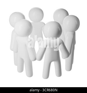 Der weiße 3D-Stick stellt gesichtslose Ikonen-Benutzer in einer kleinen Gruppe dar und symbolisiert Teamarbeit, Community und Hintergrundverbundenheit, die in sozialen Netzwerken transparent sind Stockfoto