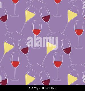 Kelche mit nahtlosem Muster für Weißrot und Rosenwein auf trendigem Flieder Hintergrund zum Weintag. Isolierte Vektor-Illustration Wein Thematische Karten Party Einladung Fahnen Poster Label Preis Tag Stock Vektor