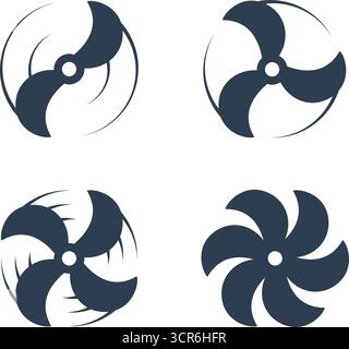 Flugzeugpropeller-Symbole mit dynamisch gekrümmten Bewegungslinien. Minimalistisches Vektor-Rotordesign für Transport- und Drohnenbau Stock Vektor
