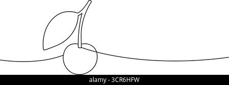 Einzelne Kirsche durchgehende Linie Vektorzeichnung mit Stamm und Blatt. Minimalistische einzeilige Frucht-Illustration für gesundes Essen, Küchen-Kunst und Logo-Design Stock Vektor