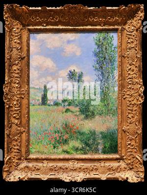 Claude Monet, View of Vétheuil (Vue de Vétheuil), 1880 – Kirchturm über Mohnfeldern von einer Insel in der seine. Stock Vektor