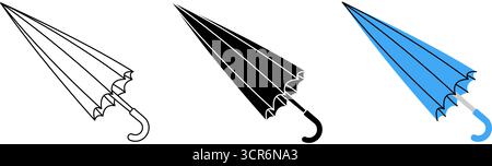 Minimales Set mit Regenschirm-Symbol mit gefaltetem und offenem Design in Schwarz, weiß und Farbe Stock Vektor