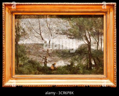 Camille Corot, Ville-d’Avray (1870), silbrige Landschaft mit Teich und Dorf, die durch einen Bildschirm von Bäumen gesehen wird. Stock Vektor