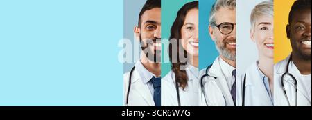 Collage verschiedener medizinischer Fachkräfte, die Teamwork und Pflege in der Health Generative AI präsentieren Stockfoto