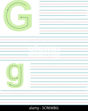 Farbenfrohes Tracing-Arbeitsblatt zum Schreiben von Groß- und Kleinbuchstaben G. Lernaktivität mit Leitlinien zum Üben des Alphabets Stock Vektor