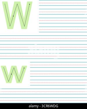 Farbenfrohes Tracing-Arbeitsblatt zum Schreiben von Groß- und Kleinbuchstaben W. Lernaktivität mit Leitlinien zum Üben des Alphabets Stock Vektor