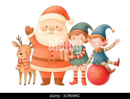 Aquarell Weihnachtsszene Clipart Set – Weihnachtsmann, Rentier, Weihnachtsbaum und Weihnachtsillustrationen Stockfoto