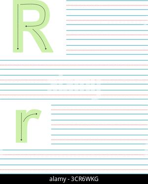 Farbenfrohes Tracing-Arbeitsblatt zum Schreiben von Groß- und Kleinbuchstaben R. Lernaktivität mit Leitlinien zum Üben des Alphabets Stock Vektor