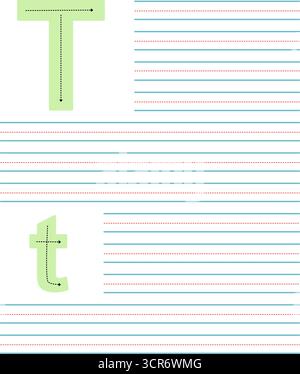 Farbenfrohes Tracing-Arbeitsblatt zum Schreiben von Groß- und Kleinbuchstaben T. Lernaktivität mit Leitlinien zum Üben des Alphabets Stock Vektor