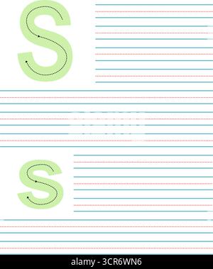 Farbenfrohes Tracing-Arbeitsblatt zum Schreiben von Groß- und Kleinbuchstaben S. Lernaktivität mit Leitlinien zum Üben des Alphabets Stock Vektor