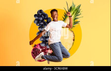 Junger afrikanischer Mann, der fröhlich auf einem leuchtenden gelben Hintergrund springt und Victory Generative AI feiert Stockfoto