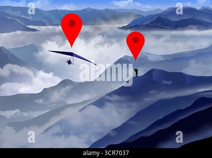 GPS-Stifte sind in der Ansicht von starkem Nebel in Tälern und Bergen in Blautönen zu sehen, die aus dem Nebel ragen. Eine Person auf einem Drachenflieger fliegt über cl Stockfoto