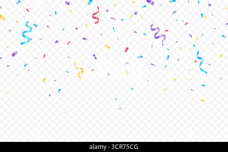 Hintergrund der Konfetti-Feier. Bunte, geschwungene Bänder auf transparentem Hintergrund. Design-Vorlage für Partys, Geburtstage oder Festtage. Helles Papier streamen Stock Vektor