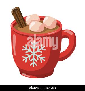 Tasse heiße Schokolade mit Marshmallows und Zimt in süßem Cartoon-Stil. Handgezeichneter Vektor, isolierte Illustration. Stock Vektor