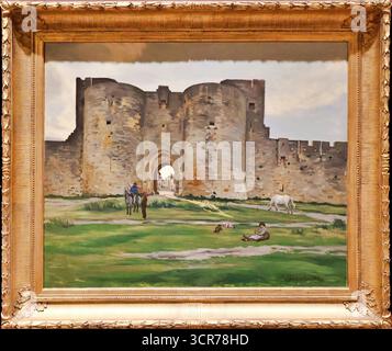 Jean-Frédéric Bazille, Porte de la reine in Aigues-Mortes (1867), sonnendurchflutetes mittelalterliches Tor mit schattigen Figuren und einem weidenden Pony. Stock Vektor