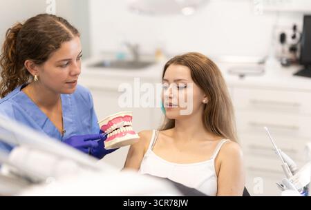 Die Zahnärztin erzählt einem Klienten von der Zahnpflege und zeigt ein Modell des Kiefers Stockfoto