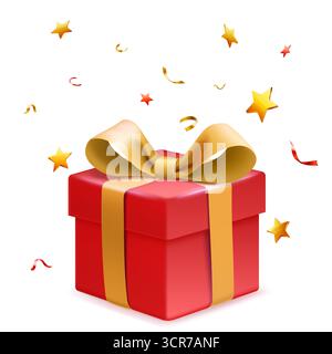 Eine rote Geschenkbox mit goldenem Band und Schleife, umgeben von goldenen Sternen auf weißem Hintergrund. Stock Vektor