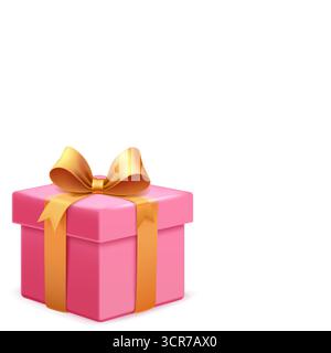Eine rosafarbene Geschenkbox mit einem glänzenden goldenen Band und einer Schleife auf weißem Hintergrund. Stock Vektor
