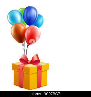 Realistische digitale Illustration einer gelben Geschenkbox, die mit einer roten Schleife verziert und an bunten Ballons gebunden ist, vor einem weißen Hintergrund. Stock Vektor
